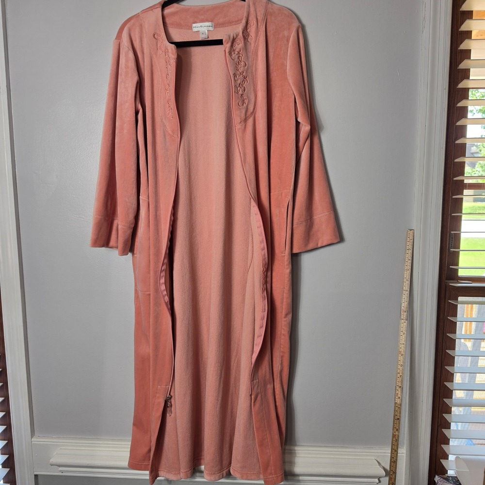 Miss Elaine Robe Velour Pink Embroidered Zip Front Long Loungewear Small - Picture 5 of 8